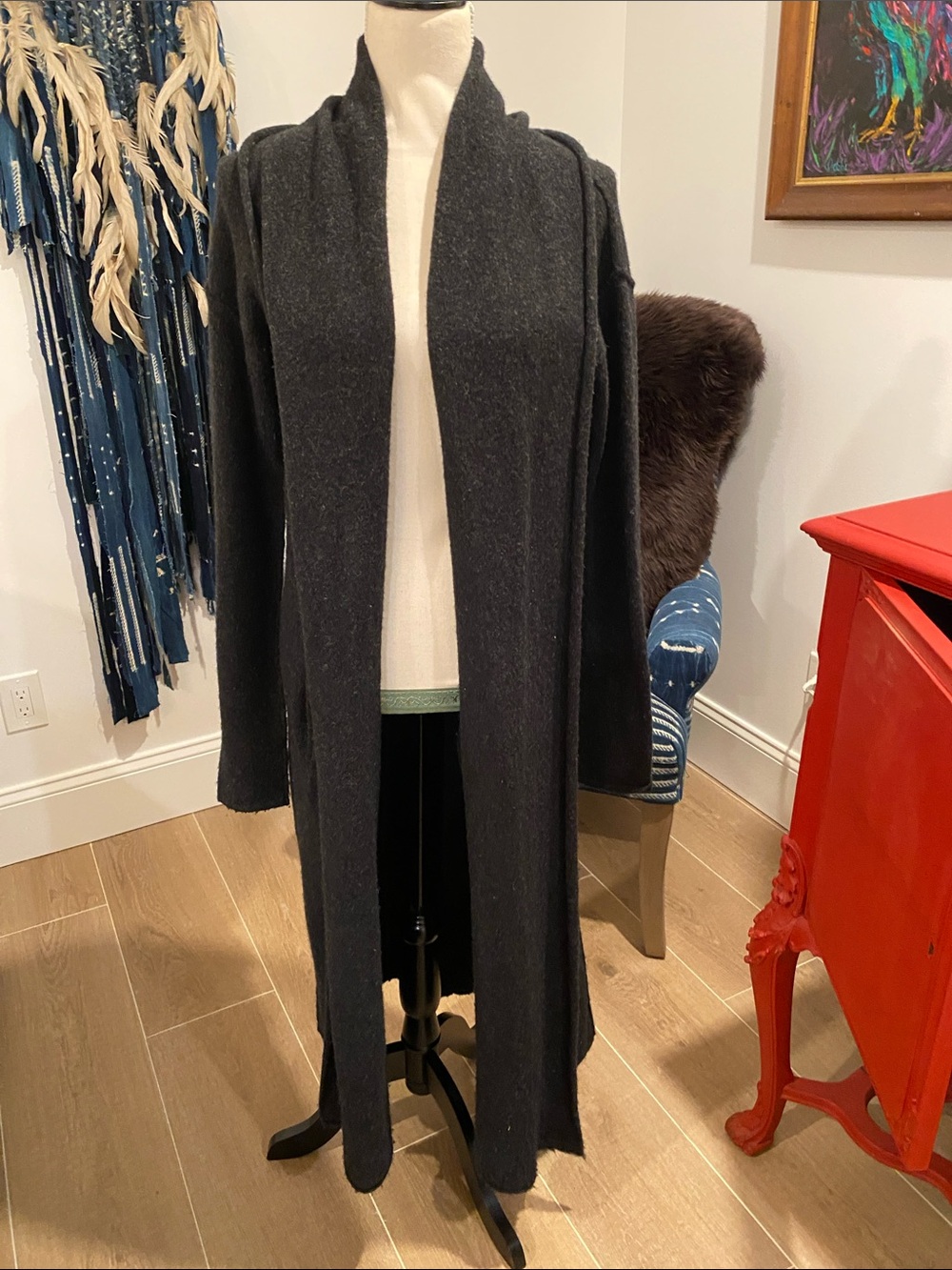 Skull Cashmere Dark Charcoal Long Open-Front Cardigan